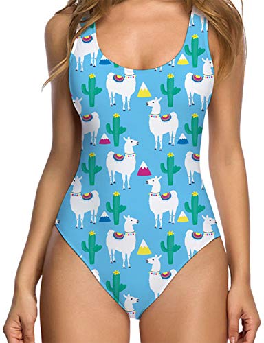 RAISEVERN Women's Blue Llama Alpaca Cactus Monokini One Piece Swimsuits Pink Bathing Suit Swimwear 80s Clothes Beachwear