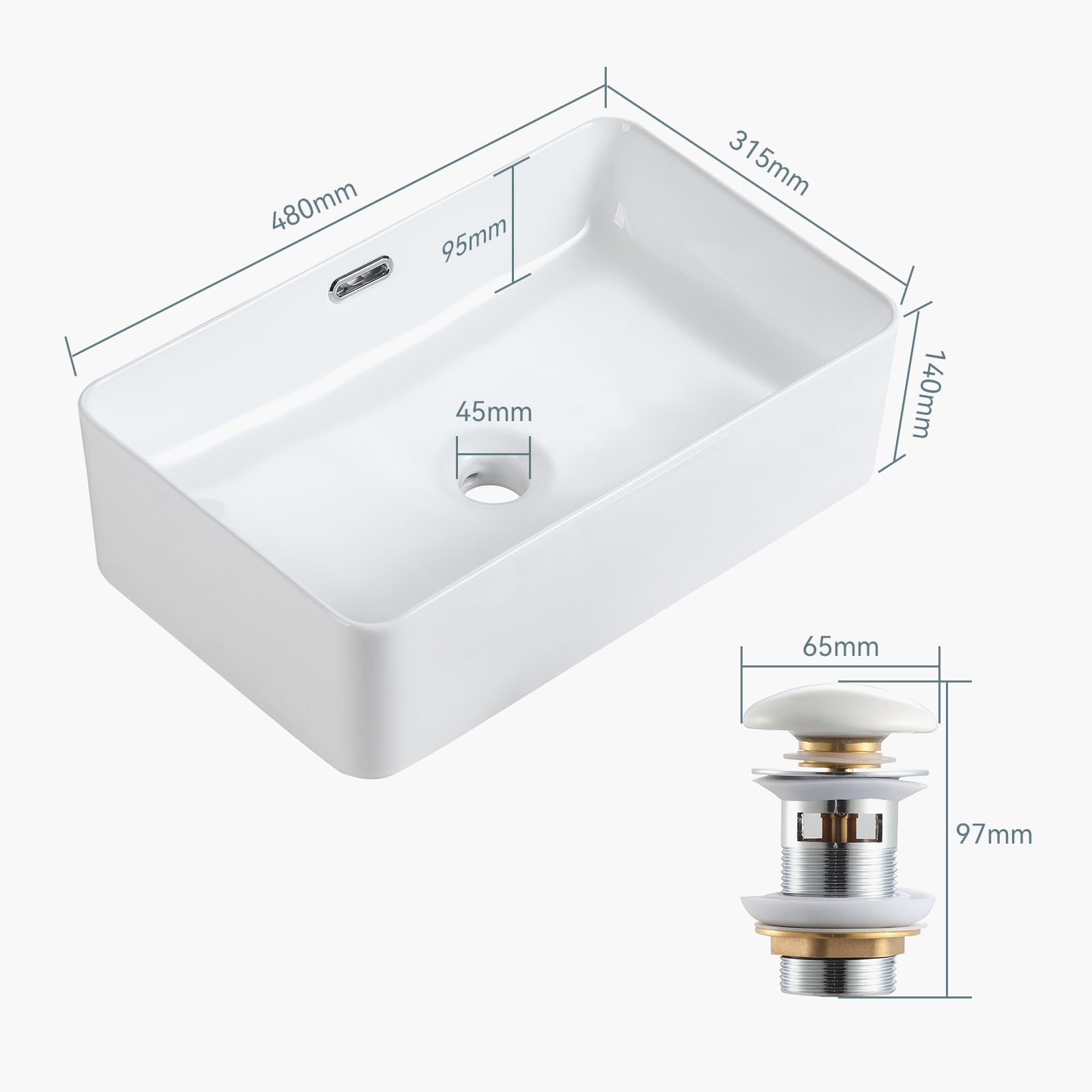 Lavabo à poser, en céramique, rectangulaire, à bord fin, pour invités, blanc, avec valve de vidange pop-up, avec trop-plein, 48 × 31,5 × 14 cm