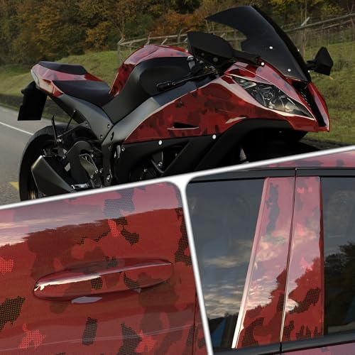 Image of Lypumso PET Camouflage Forged Carbon Fiber Vinyl Wrap, Glossy Car Vinyl Film for Automotive with Air Release Technology for Vehicle Decal DIY Interior Exterior Decoration (Red, 1ft x 10ft)