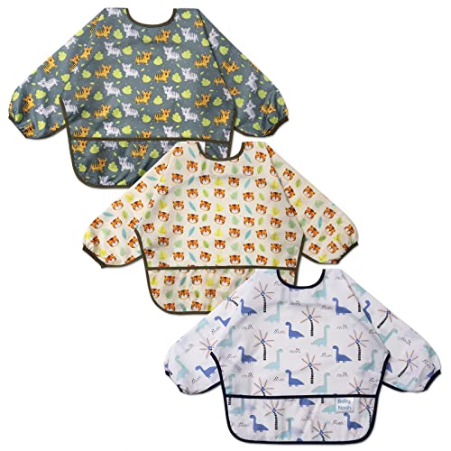 Image of 3 Pcs Long Sleeved Bib Set | Baby Waterproof Bibs with Pocket Bundle Toddler Bib with Sleeves and Crumb Catcher 6-24 Months