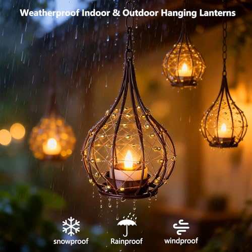Hanging Solar Lanterns 4 Pack Outdoor Waterproof, Teardrop Wire Cage Beaded Vintage Candle Lantern with 4 Solar Tea Lights, Hanging Solar Lights for Outside Tree Patio Garden Backyard Porch Yard by TWINKVILLA - Used condition - Image 7