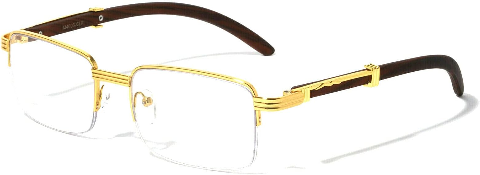 Executive Half Rim Rectangular Metal & Wood Eyeglasses / Clear Lens Sunglasses