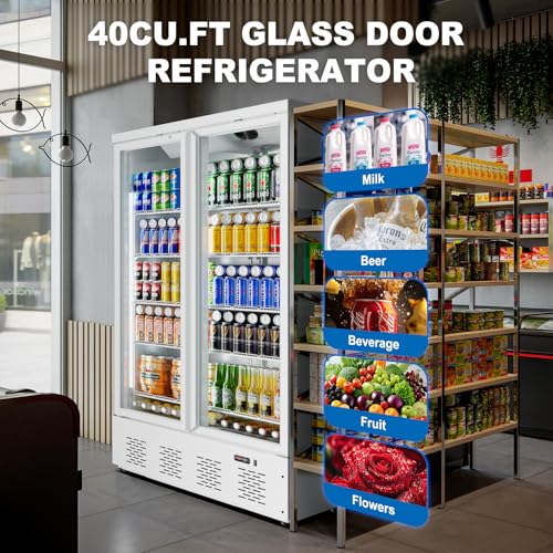 Image of 41.4''W White Commercial Refrigerators, 30.5 Cu.Ft 2 Glass Door Commercial Beverage Refrigerators Upright Display Cooler with LED Light and 10 Adjustable Shelves for Restaurant Stores