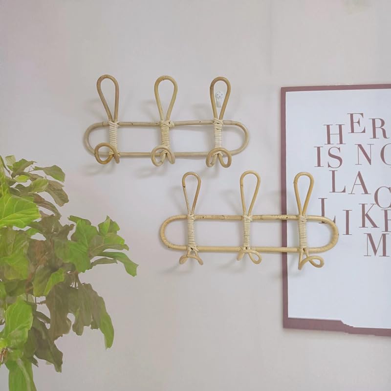 Perchero de Ratán Tejido de 3 Ganchos 40 cm - Colgador de Pared Natural para Toallas