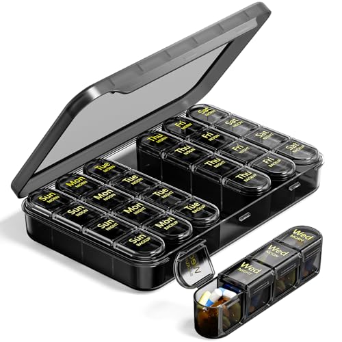 Image of Odaro Weekly Pill Organizer 4 Times a Day, BPA Free Daily Pill Box 7 Day, Large Travel Pill Case with 28 Compartment to Hold Medicine, Vitamin and Supplement - Full Black