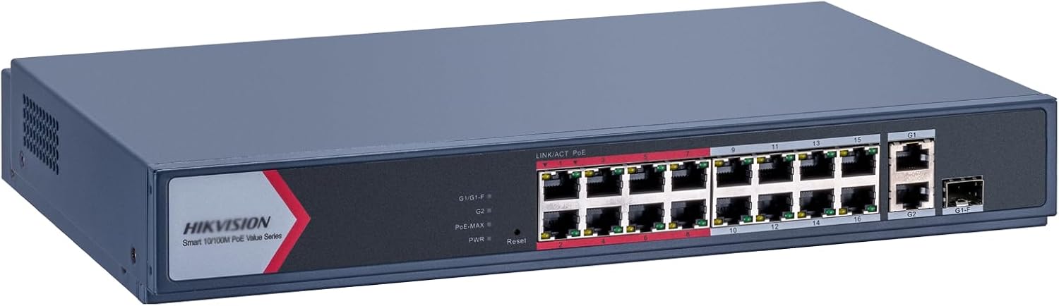 DS-3E1318P-EI/M Hik 16 Port Gigabit PoE Switch 16 PoE+ Ports @130 W, 1 × Gigabit RJ45 Port,1 × Gigabit Combo, Plug & Play, Support 802.1Q VLAN, PoE Auto Recovery, Metal Material