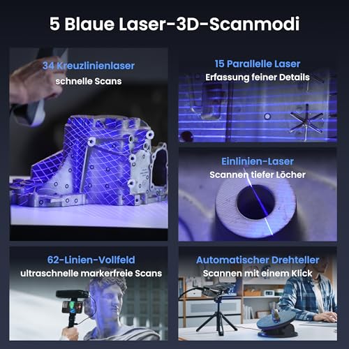 Revopoint MetroY Pro 3D-Scanner für 3D-Druck, 5 Scanmodi, bis zu 0,01 mm Präzision, 34+15+1 industrieller Blaulaser-Handscanner, 62-Linien-Vollfeld, Echtzeit-Vorschau, Wi-Fi 6, Vollfarbe