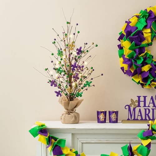 Glitzhome Lighted Mardi Gras Artificial Berry Blossom Table Tree 21”H Shinny Fleur-de-Lis Tree Table Centerpiece for Mardi Gras Day Holiday Decoration Home Decor Artificial Plants