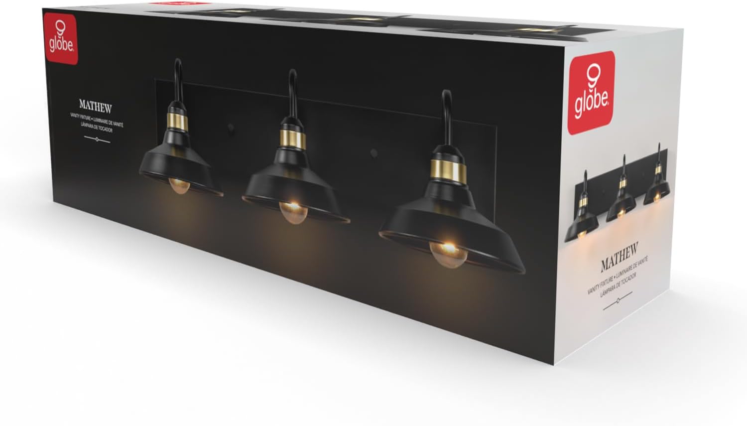 Globe Electric 63000199 24" 3-Light Vanity Light, Matte Black, Brass Accents, Exposed Bulb, Bathroom/Makeup Mirror, Wall Light