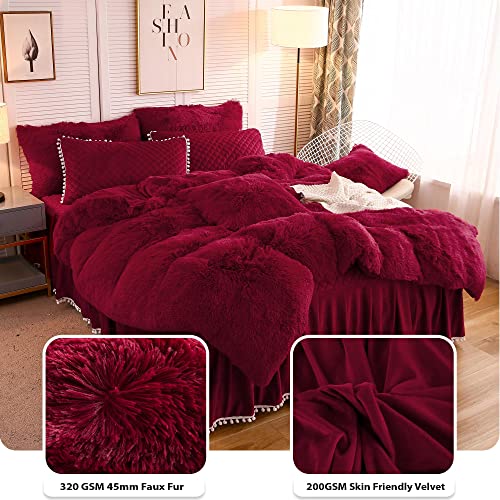 Image of LIFEREVO Luxury Plush Shaggy Duvet Cover Set, Soft Velvet Fluffy Furry Duvet Cover Set(1 Faux Fur Fuzzy Comforter Cover+2 Pom Poms Pillow Shams)Christmas Bedding Set, with Zipper(Full /Queen, Burgundy)
