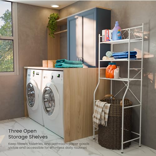 Image of Home Zone Living Over-the-Toilet Bathroom Storage Cabinet Organizer | Freestanding Steel Frame Design with 3-Tier Shelves, Wide Stabilizing Base and Adjustable Feet, White
