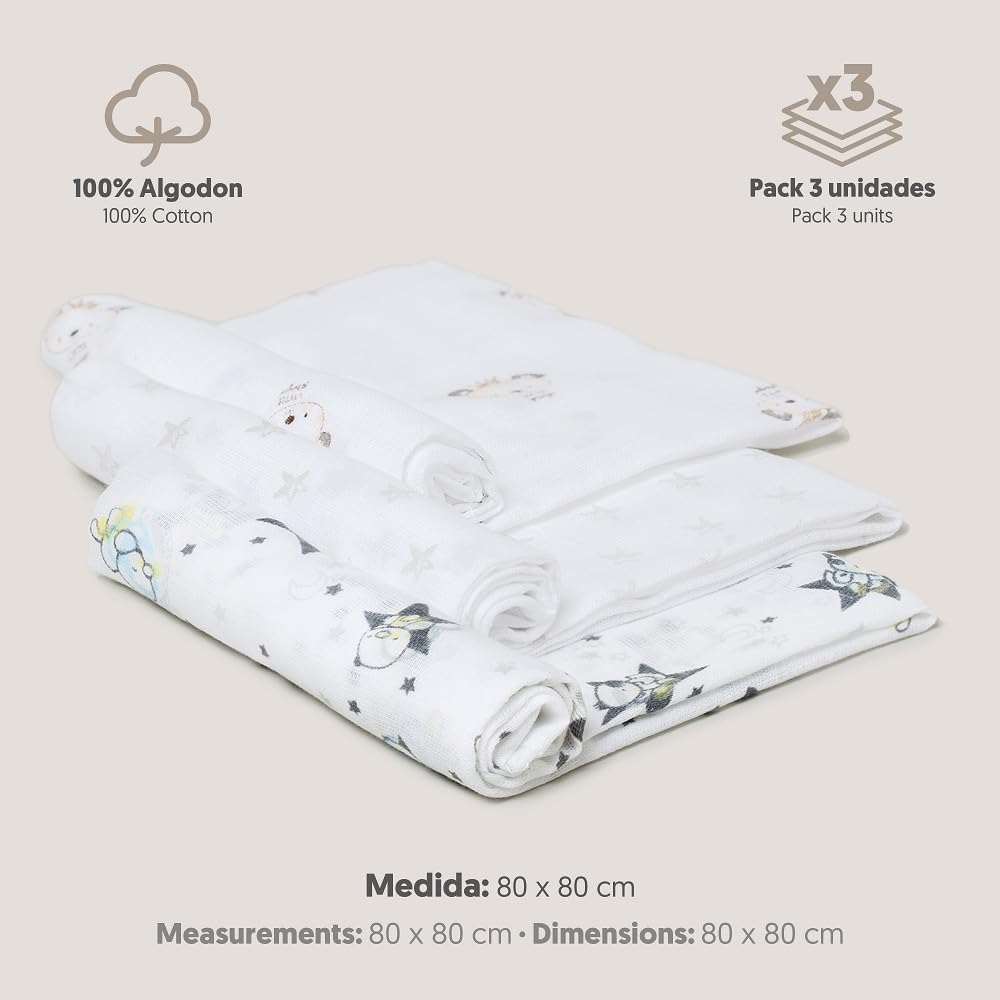 Interbaby Mussola Di Cotone Neonato Con Stampe Grigie 200 g
