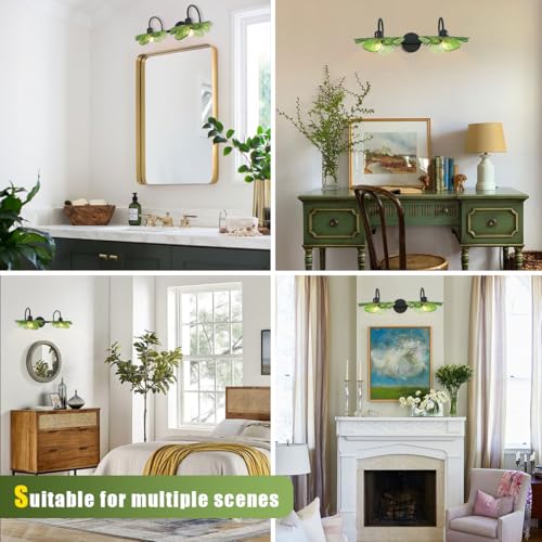 Image of 2-Light Vanity Light, Black Wall Sconce with Green Glass Shade, Vintage Bathroom Light Fixture for Over Mirror, Bedroom, Hallway, Living Room