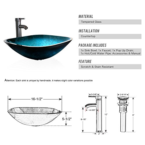 Eclife 16.5" Turquoise Square Bathroom Sink Artistic Tempered Glass Vessel Sink Combo With Faucet 1.5 Gpm And Pop Up Drain Bathroom Bowl A10 (Square Turquoise) #TOP2