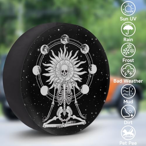 Image of Meditating Skeleton Skull Tire Covers Protectors Weatherproof Dust-Proof Moon Phase Spare Wheel Cover Fit for Jeep Wrangler RV, SUV, Truck Travel Camper Trailer Vehicle 15 inch