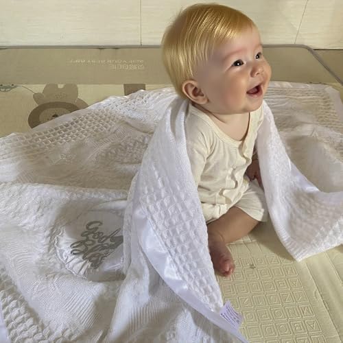 Baptism Blanket Christening Gifts for Boys Girls White Knit Crochet Soft Embroidered Neutral Baby Blanket with Satin Trim4