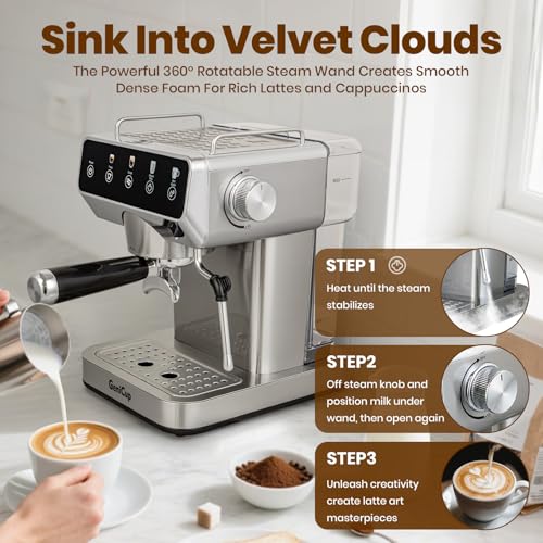 Image of Expresso Coffee Makers with Touch Screen 20 Bar, Professional Coffee Maker with Milk Frother and Hot Water, Stainless Steel Coffee Maker for American Cappuccino Latte, for Office Use in