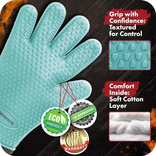 Image of KITCHEN PERFECTION Silicone Smoker Oven Gloves -Extreme Heat Resistant BBQ Gloves -Handle Hot Food Right on Your Smoker Grill Fryer Pit|Waterproof Oven Mitts Grill Gloves |Superior Value Set+3 Bonuses