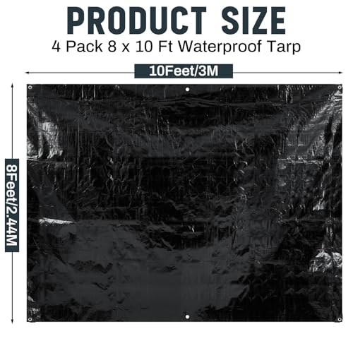 Image of 4 Pack 8 x 10 ft 5.5 Mil Large Tarps Heavy Duty Waterproof Tarp Multi Purpose Tent Cover for Home Boats Cars Camping Patio Furniture Roof Emergency Rain Protective Cover, Black