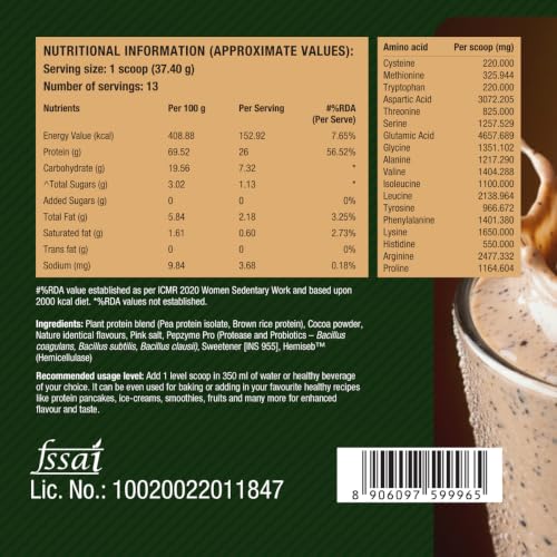 Image of Fast&Up Plant Protein Cookies & Cream - 500g | 26gm Protein Per Serve, Complete Amino Acids with 4.6g BCAA, Smooth & Tasty with No Added Sugar, Easy to Digest