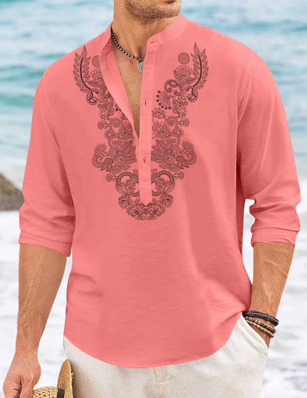 Image of FINIVO FASHION Men's Cotton Blend Short Kurta with Full Sleeves and Ethnic Neck Design | Casual Crinkle Texture Kurta with Mandarin Collar
