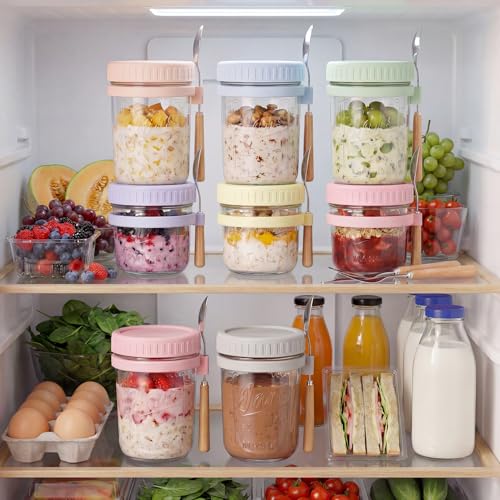 Image of HomArtist Glass Overnight Oats Containers with Lids and Spoon, 16 oz Wide Mouth Mason Jars for Overnight Oats, Cereal, Yogurt, Salad Lunch Container with Measurement Marks - Pink&White 2 Pack