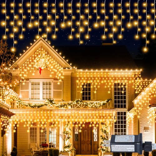 Qunlight 300 LED Icicle Lights 33FT Icicle Christmas Lights Warm White