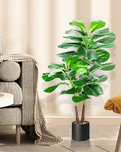Kayfia Artificial Tree Faux Fiddle Leaf Fig Tree 40in Ficus Lyrata Fake Plant with 35 Leaves&Pebbles Covered Base Faux Plants Indoor Outdoor Modern Decor