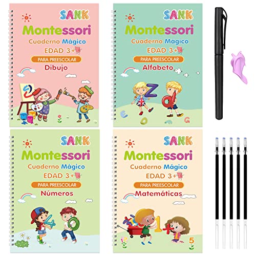 TOPJOWGA Cuaderno Magico Caligrafia Español, 4 Piezas Escritura para Niños, Cuaderno Reutilizable Borrable de Práctica, 5 Recargas y 1 Soporte