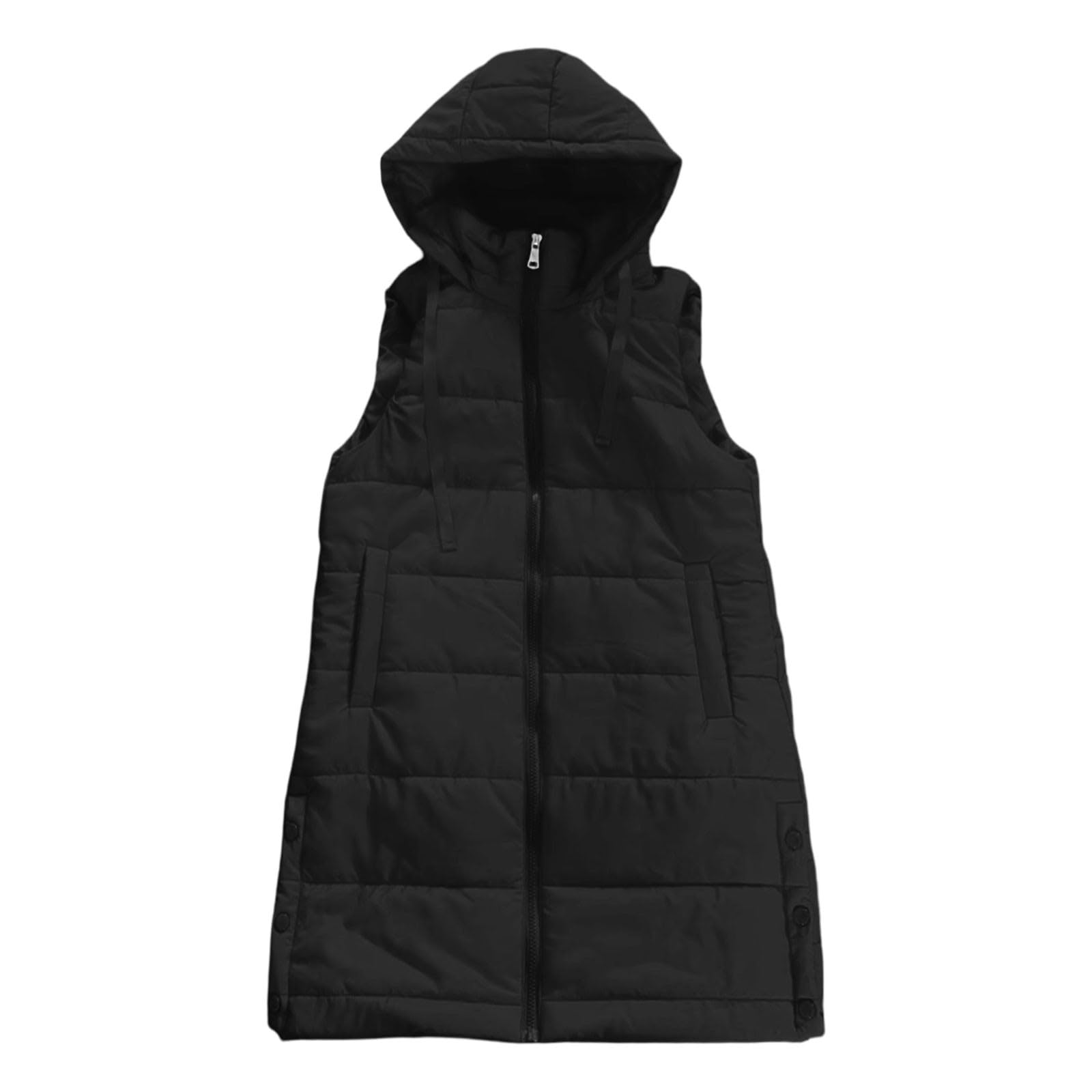 Gilet invernale trapuntato caldo senza maniche con cappuccio, bottoni e cerniera per attività all'aperto con tempo freddo