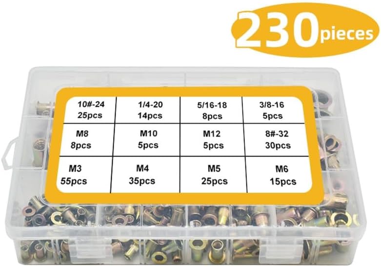 150/230Pcs Metric Rivets Nut Rivnut Kit 8#-32 10#-24 1/4-20 5/16-18 3/8-16 Flat for Head Threaded Insert Nuts Knurled Bo - (Color: 150PCS)
