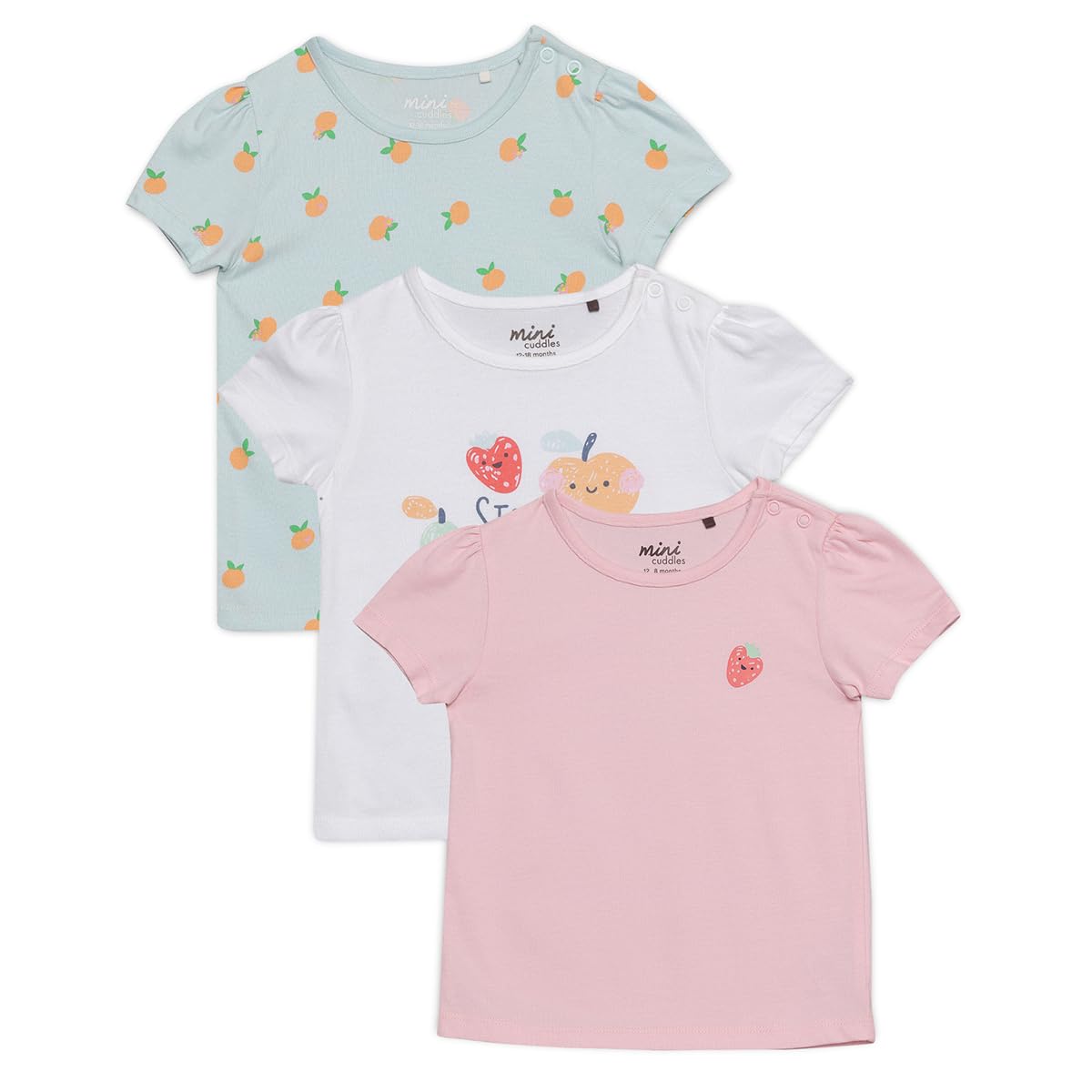 MINI CUDDLES Baby Girls 3pk Fruit Print And Solid Tops, Multicolour (12-18M)