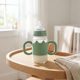 Silikon-Babyflaschengriff, Cartoon-Katze, rutschfeste Schutzhülle für Glas-Babyflaschen mit Griffen, sicher und langlebig, Grün