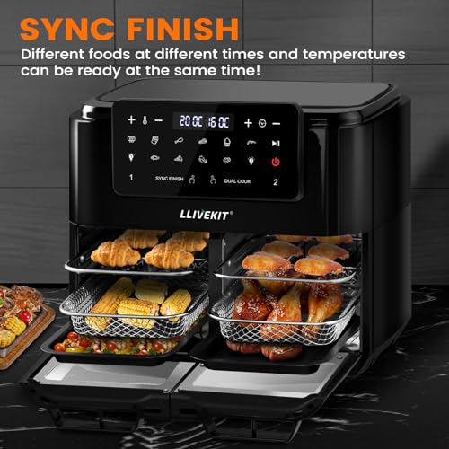LLIVEKIT Heteluchtfriteuse, 12 l, Air Fryer met afneembare scheidingswand, voor 5,5 l dubbele zone, Sync Finish & Dual Cook, binnenverlichting, 10 programma's, 9 accessoires, 2400 W, zwart - Afbeelding 5