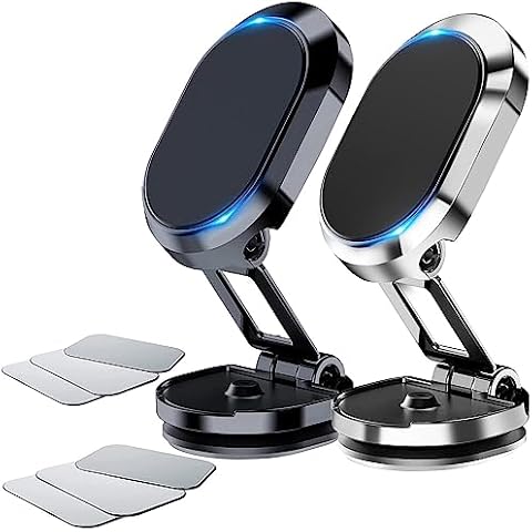 2 Pack Alloy Folding Magnetic Car Phone Holder,360° Rotation Magnetic Cell Phone Holder for Car [Super Strong Magnet] Bracket Magnetic Dashboard Phone Car Mount for All Smartphone (Silver+Black) Cover
