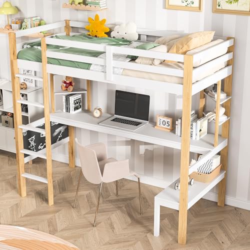 KOOPMAD Litera 90 x 200 cm, cama alta para niños con escritorio, estructura de cama con protección anticaídas y somier, cama funcional con escalera, estantería de almacenamiento, sin colchón, color