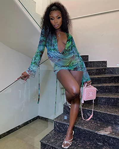 Image of Women's Sexy Long Sleeve Two 2 Pieces Outfits Sheer Mesh Mini Dress Skirt Set Top V Neck Backless Ruched Bodycon Cover Up