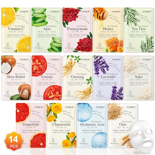 KONEUK 14 Pack Sheet Face Masks Skincare, Hydrating Face Masks Suitable for Dry Skin, Bulk Facial...