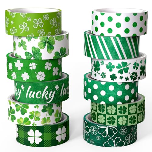 12 Rolls St. Patrick's Day Washi Tape Set, Lucky Green Shamrock Decorative Tape Irish Holiday Clover Plaid Masking Tape for Journaling Supplies, Scrapbooking, Planner, Party, DIY Arts & Crafts
