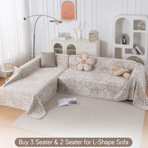 Image of HOKIPO 320 GSM Chenille Sofa Throw Blanket for 3 Seater Sofa - Printed All-Season Sofa Cover, 'Serene Abode Series' Boho Floral Tile (180x310 cm) (AR-6633-D5)