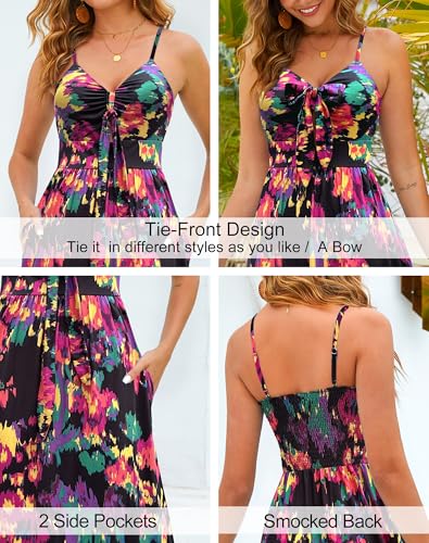 Image of Kranda Women 2026 Summer Sundress High Waist Tie Front Spaghetti Strap Long Beach Floral Tiered Maxi Dress with Pockets