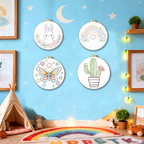 Image of BEUNITONE 6Pcs Easy Embroidery Kit for Adults Beginners, Simple Cross Stitch Starter Set for Beginners, Cute Animal Rainbow Butterfly DIY Craft Activity for Home Decor and Festival Gifts 20x20cm