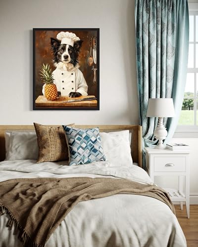 Image of aj decor Border Collie Chef Kitchen Wall Art Print Poster, Dog Pet Lover Picture Painting Artwork Bedroom Living Room Office Dining Room 150D (Border Collie Chef Kitchen, 16 x 20 inches, Black Frame)