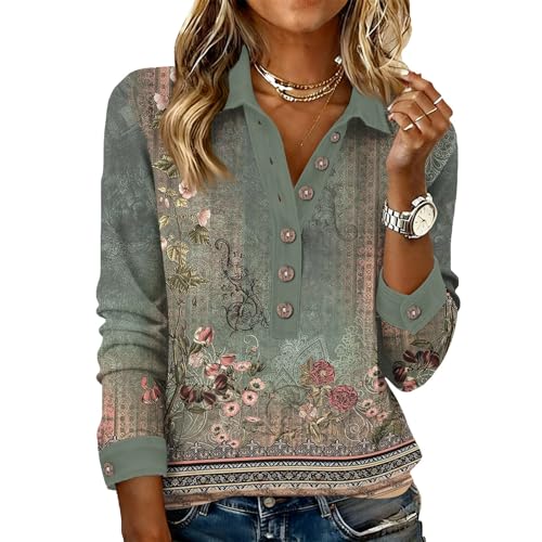 Womens Loose Long Sleeve Shirt Tops Plus Size V Neck Button Down T Shirts 2026 Casual Printed Blouse Pullover