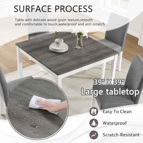 Image of KEIKI 5-Piece Standard Height Dining Table Set with Square Table and 4 Upholstered Curved Backrset Chair, for 4 Person, Modern Wooden Table Set, Easy Assembly, for Kitchen, Dining Room, White+Gray