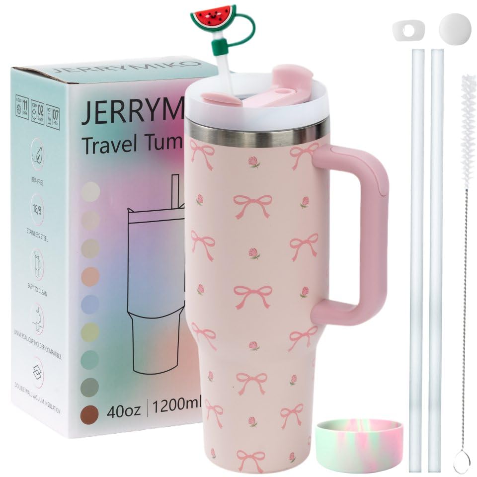 Image of 40 oz Tumbler With Handle and Straw Lid,Simpl Moder Double Wall Vacuum Sealed Stainless Steel Insulated Tumblers,Travel Mug for Hot and Cold Beverages,Thermos Travel (Pink Puppy)