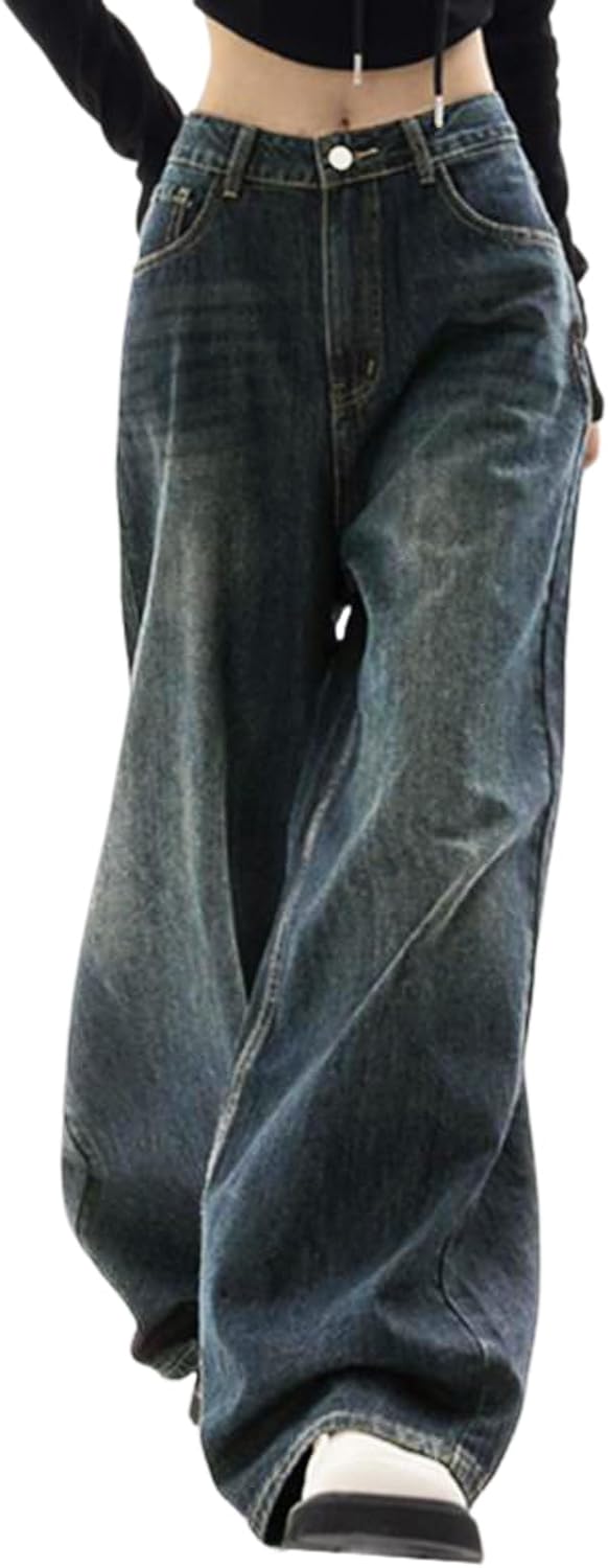 EMMIOL Mid-Low Rise Baggy Jeans for Women, Straight Leg Vintage Boyfriend Jeans with Distressed Details