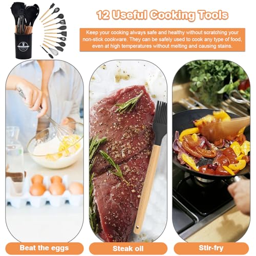 Kitchen Utensil Set, 12 Pcs Silicone Cooking Utensils Set, Silicone Kitchen Utensils Set Cooking Utensils Set with Holder Natural Wooden Handles Cooking Tool(Black) - Image 5