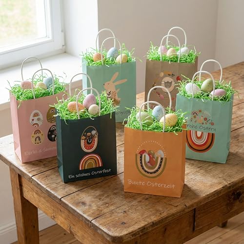 Nordstern Ostern Geschenktüten 6er Set - Bunte Papiertüten mit Henkel als Geschenkverpackung - Ostertüten zum Befüllen inkl. 6x Klappkarten, Grußkarten