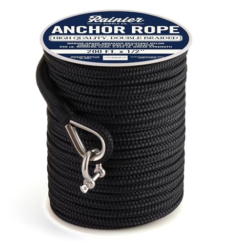 RainierSupplyCo Boat Anchor Rope - Double Braided Marine Rope Anchor Line - 200 ft x 1/2 Inch Nylon Boating Line with 316 Stainless Steel Thimble and Heavy Duty Marine Grade Bow Shackle - Black
